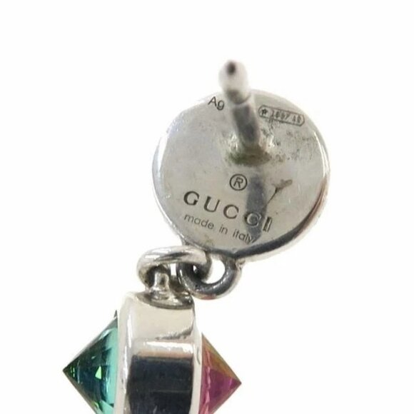 GUCCI Logo Pink Green Stone Heart Drop Stud Earrings Silver 925 Auth - Picture 8 of 11
